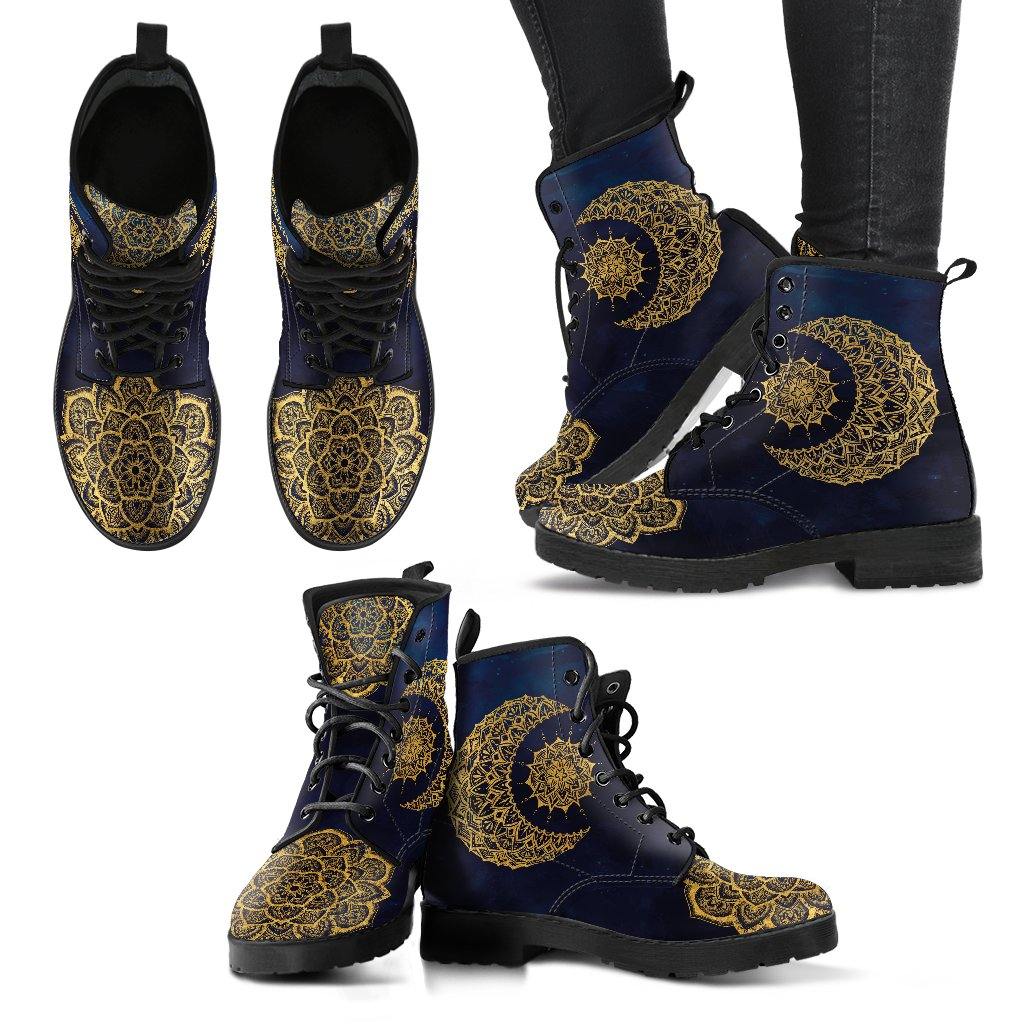 Gold Sun and Moon on Blue  Memory Foam Boots | All Season Lace Up Boots | Vegan Leather Combat Boot