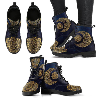 Gold Sun and Moon on Blue  Memory Foam Boots | All Season Lace Up Boots | Vegan Leather Combat Boot