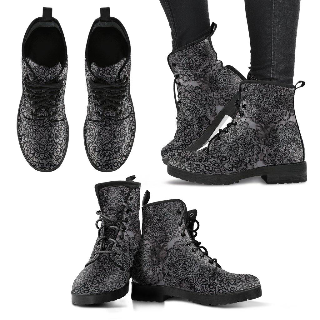 Black Mandala  Memory Foam Boots | All Season Lace Up Boots | Vegan Leather Combat Boot