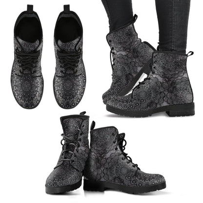 Black Mandala  Memory Foam Boots | All Season Lace Up Boots | Vegan Leather Combat Boot