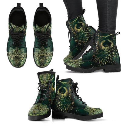 Forest Green Owl  Memory Foam Boots | All Season Lace Up Boots | Vegan Leather Combat Boot