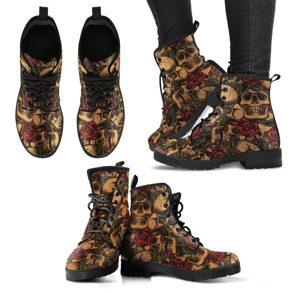 Earthy Roses and Skulls  Memory Foam Boots | All Season Lace Up Boots | Vegan Leather Combat Boot