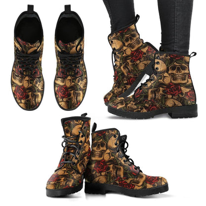 Earthy Roses and Skulls  Memory Foam Boots | All Season Lace Up Boots | Vegan Leather Combat Boot