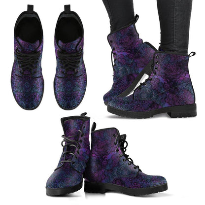 Purple Mandala  Memory Foam Boots | All Season Lace Up Boots | Vegan Leather Combat Boot