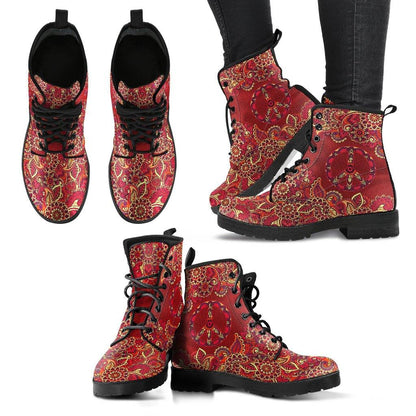 Red Peace Mandala  Memory Foam Boots | All Season Lace Up Boots | Vegan Leather Combat Boot