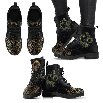 Sacred Geometry Sun & Moon  Memory Foam Boots | All Season Lace Up Boots | Vegan Leather Combat Boot