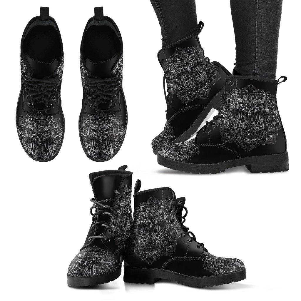 Black Owl  Memory Foam Boots | All Season Lace Up Boots | Vegan Leather Combat Boot