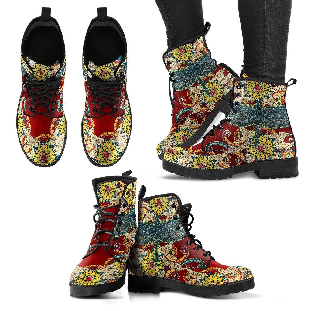 Red Floral Dragonfly  Memory Foam Boots | All Season Lace Up Boots | Vegan Leather Combat Boot