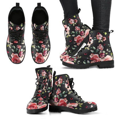 Black Rosebud  Memory Foam Boots | All Season Lace Up Boots | Vegan Leather Combat Boot