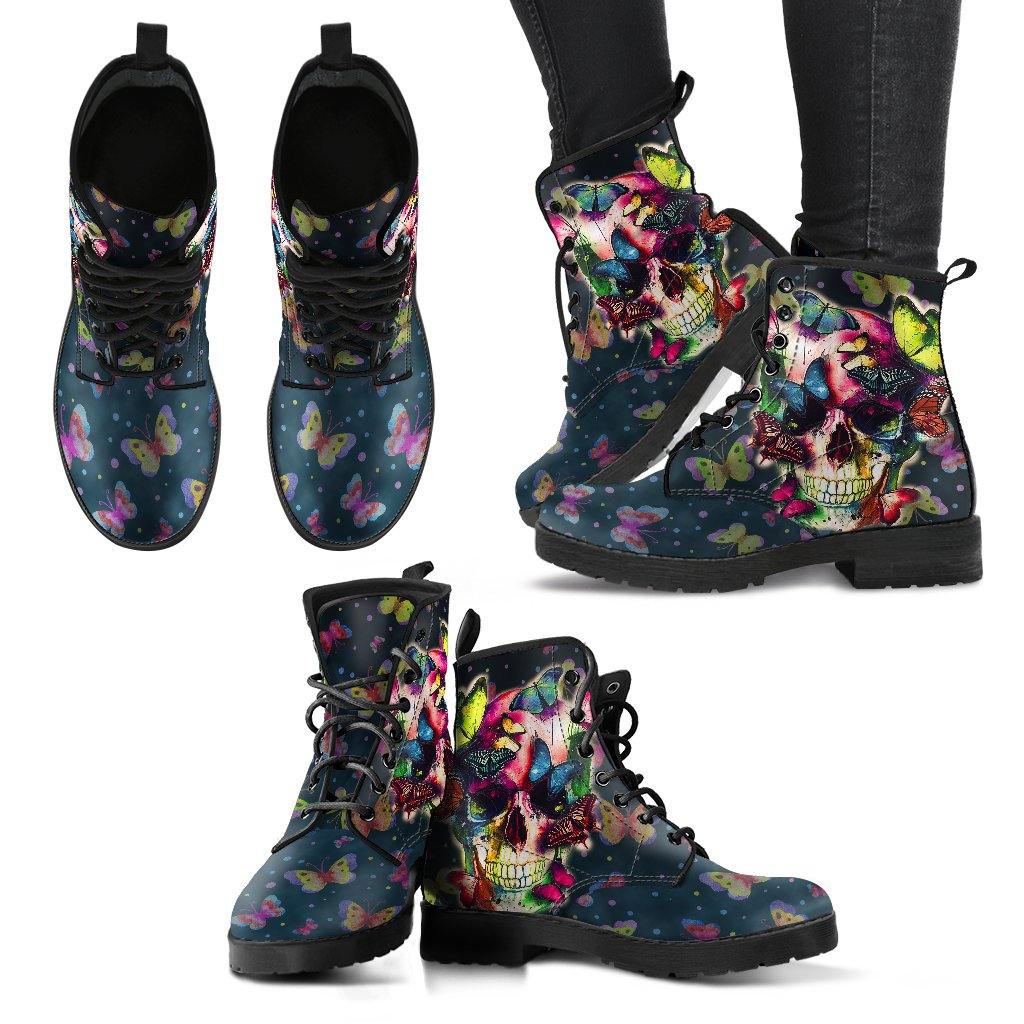 Butterfly Skull  Memory Foam Boots | All Season Lace Up Boots | Vegan Leather Combat Boot