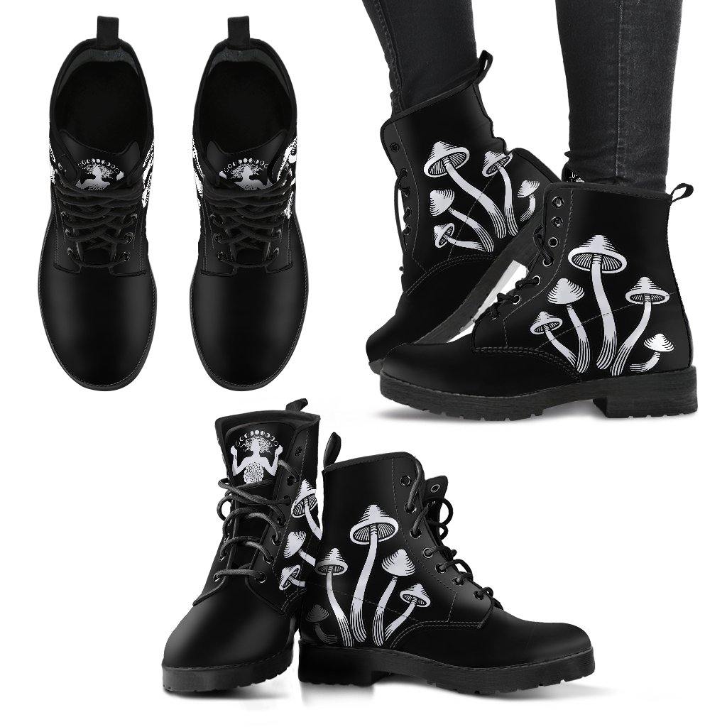 B&W Mushroom  Memory Foam Boots | All Season Lace Up Boots | Vegan Leather Combat Boot