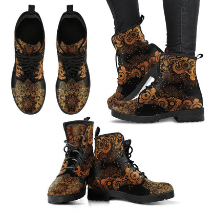 Black and Gold Paisley Mandala  Memory Foam Boots | All Season Lace Up Boots | Vegan Leather Combat Boot
