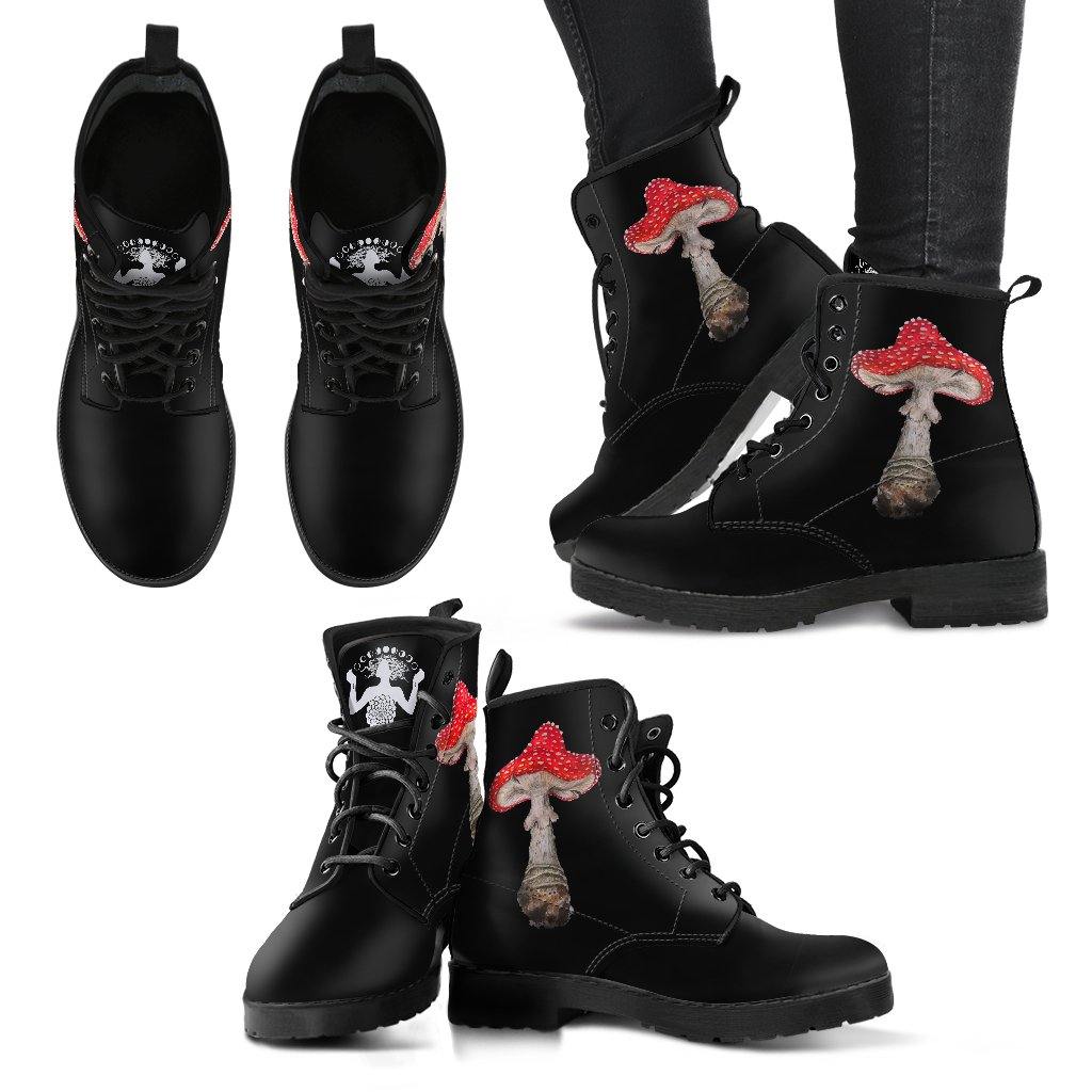Vegan Leather Tough Work and Play Boots with Amanita Mushroom Art |  Memory Foam Boots | All Season Lace Up Boots | Vegan Leather Combat Boot