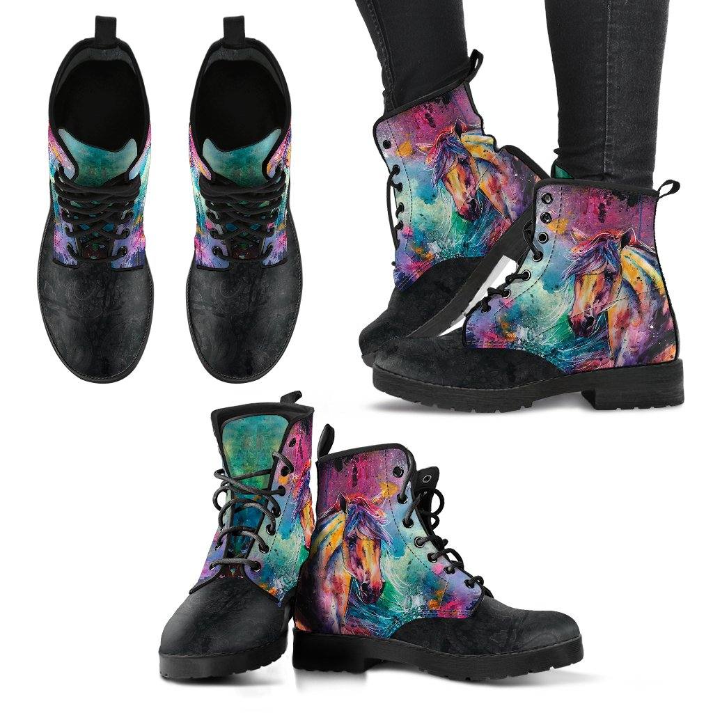 Watercolor Horses  Memory Foam Boots | All Season Lace Up Boots | Vegan Leather Combat Boot