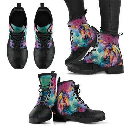 Watercolor Horses  Memory Foam Boots | All Season Lace Up Boots | Vegan Leather Combat Boot