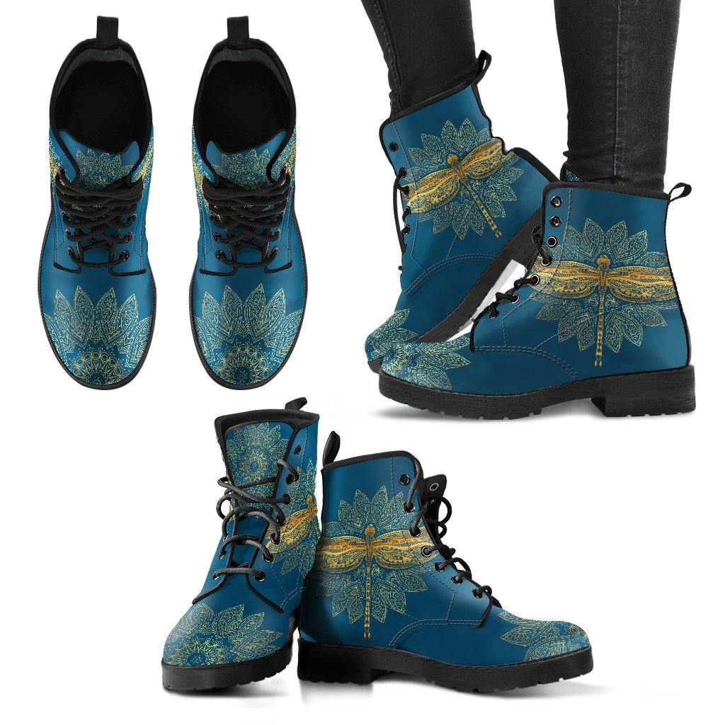 Gold Dragonfly on Teal  Memory Foam Boots | All Season Lace Up Boots | Vegan Leather Combat Boot