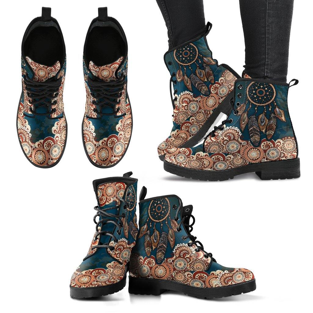 Dark Teal Dreamcatcher  Memory Foam Boots | All Season Lace Up Boots | Vegan Leather Combat Boot