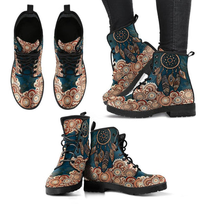 Dark Teal Dreamcatcher  Memory Foam Boots | All Season Lace Up Boots | Vegan Leather Combat Boot