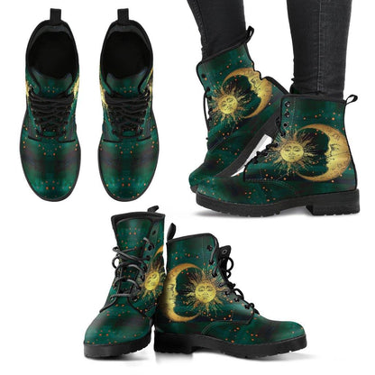 Green Sun and Moon  Memory Foam Boots | All Season Lace Up Boots | Vegan Leather Combat Boot