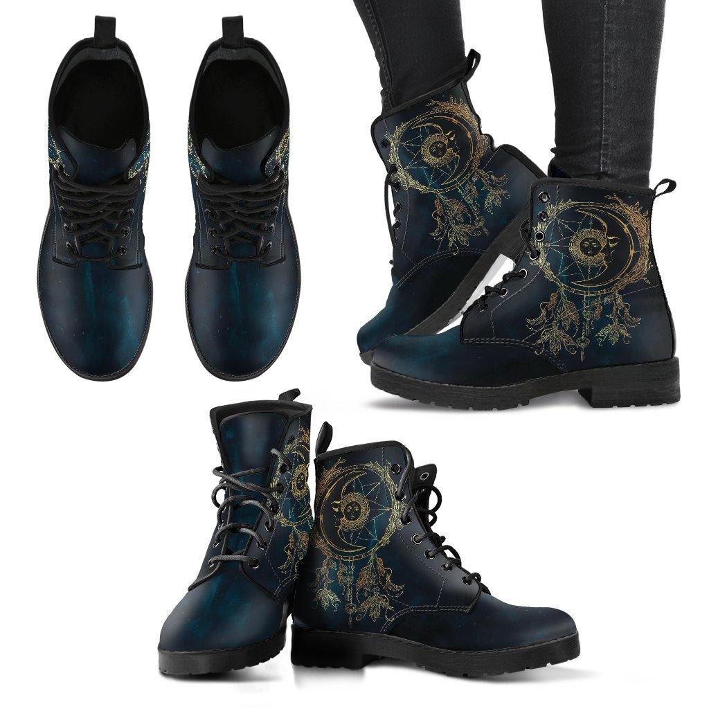 Deep Blue Moon Dreamcatcher  Memory Foam Boots | All Season Lace Up Boots | Vegan Leather Combat Boot