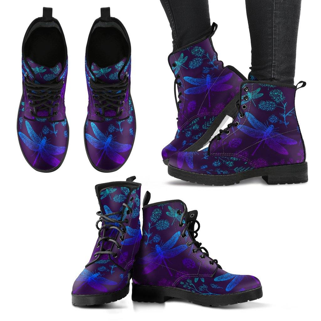 Purples and Blues Dragonfly  Memory Foam Boots | All Season Lace Up Boots | Vegan Leather Combat Boot