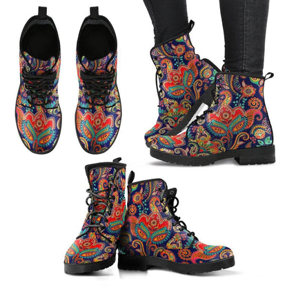 Blue Paisley Flower  Memory Foam Boots | All Season Lace Up Boots | Vegan Leather Combat Boot