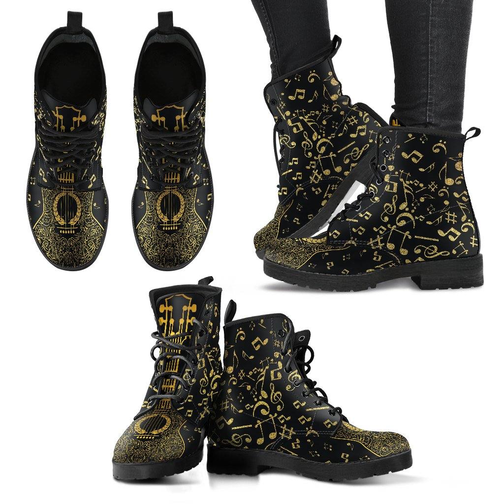 Gold Music Notes  Memory Foam Boots | All Season Lace Up Boots | Vegan Leather Combat Boot