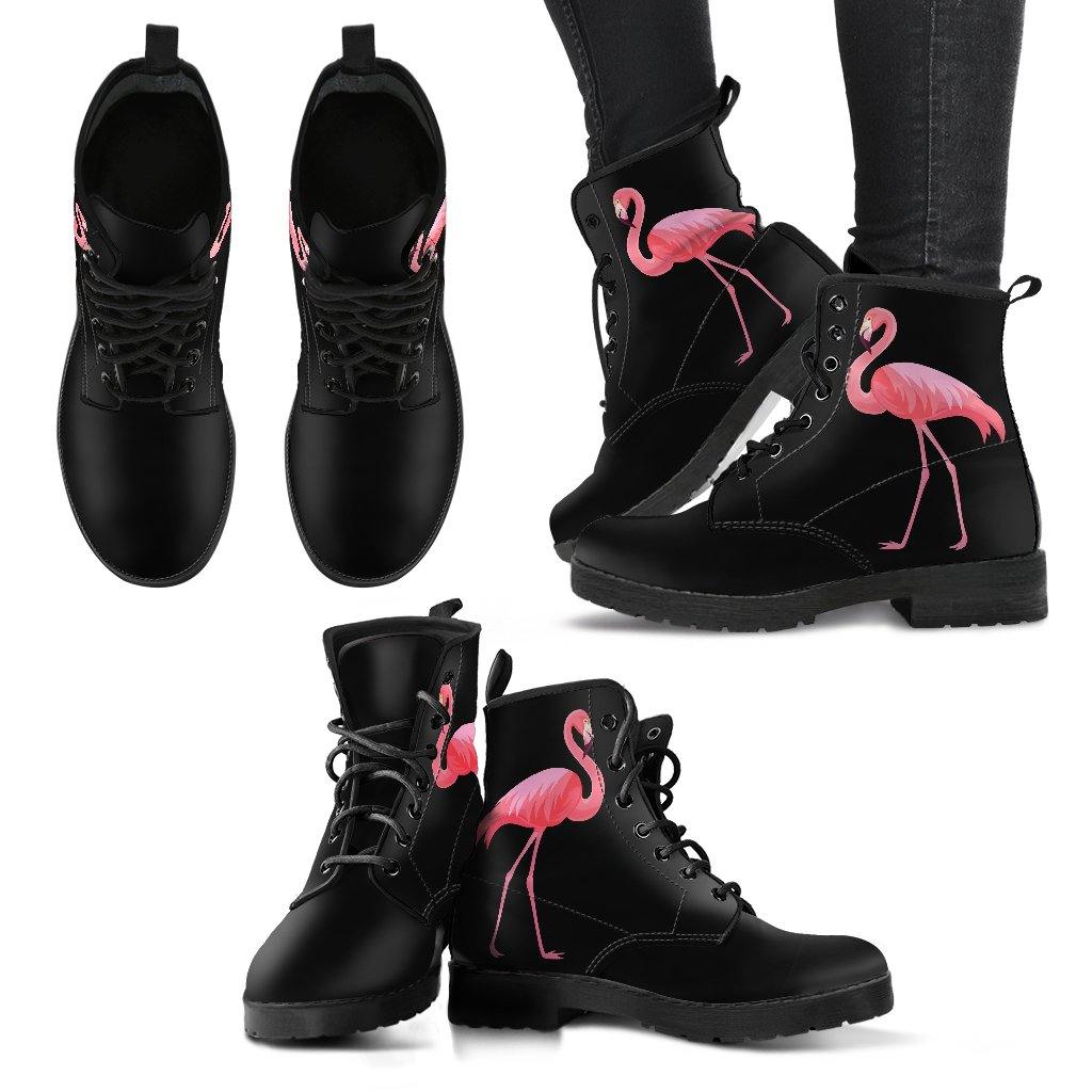 Flamingo on Black  Memory Foam Boots | All Season Lace Up Boots | Vegan Leather Combat Boot