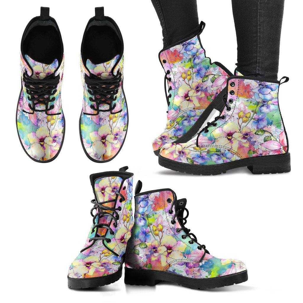 Botanical Watercolors  Memory Foam Boots | All Season Lace Up Boots | Vegan Leather Combat Boot