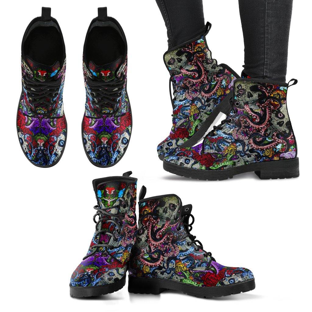 Deep Sea Octopus Skulls  Memory Foam Boots | All Season Lace Up Boots | Vegan Leather Combat Boot