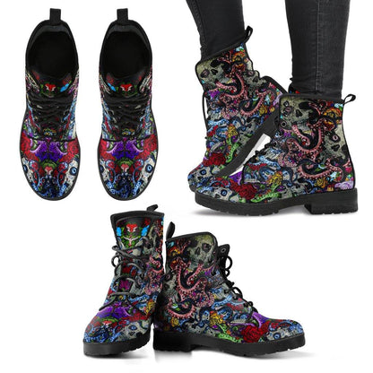 Deep Sea Octopus Skulls  Memory Foam Boots | All Season Lace Up Boots | Vegan Leather Combat Boot