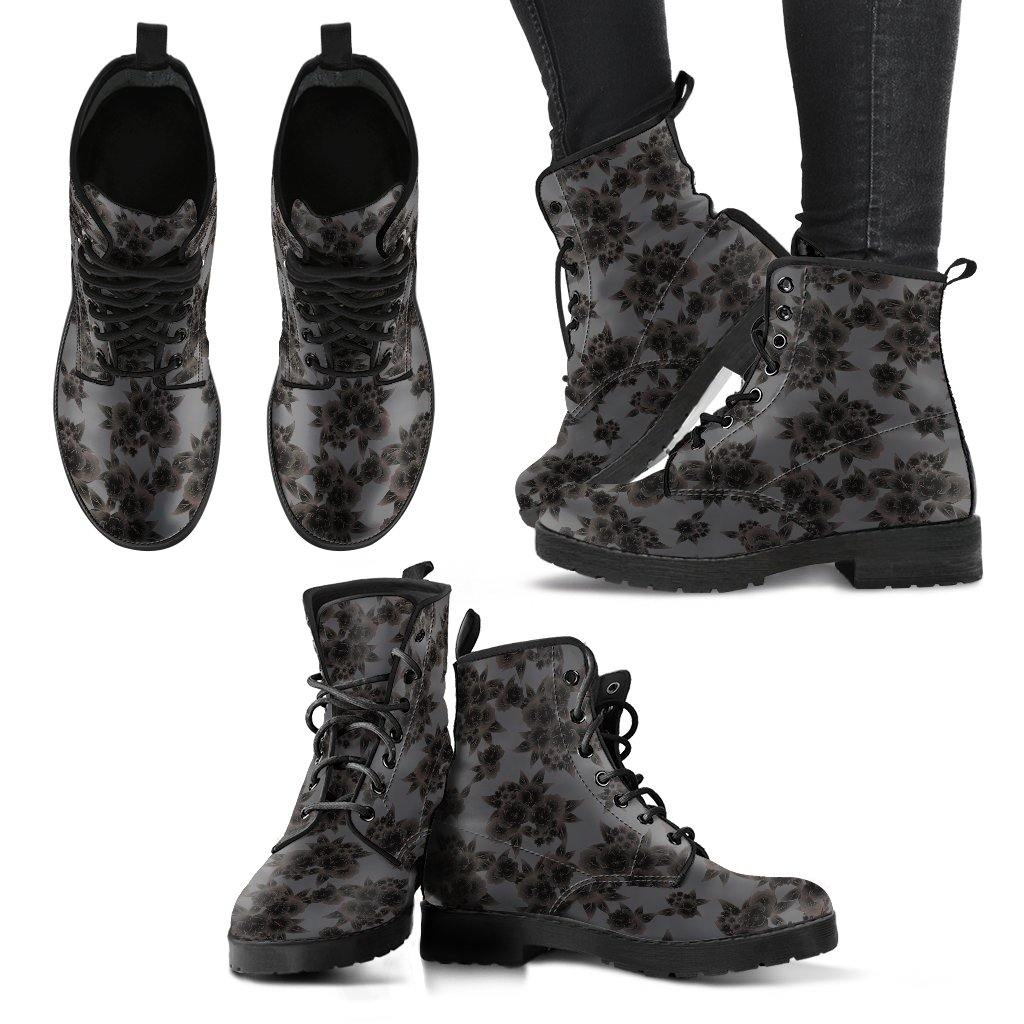 Black And Grey Flowers Pattern Handcrafted Boots