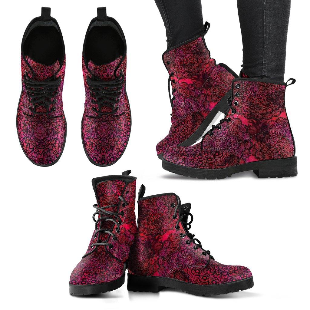 Red Mandala  Memory Foam Boots | All Season Lace Up Boots | Vegan Leather Combat Boot