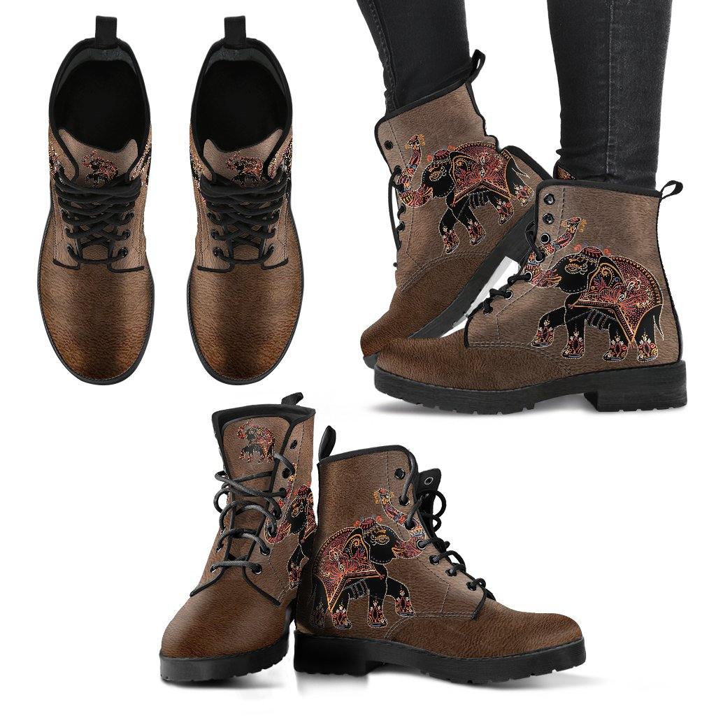 Brown Bollywood Elephant  Memory Foam Boots | All Season Lace Up Boots | Vegan Leather Combat Boot