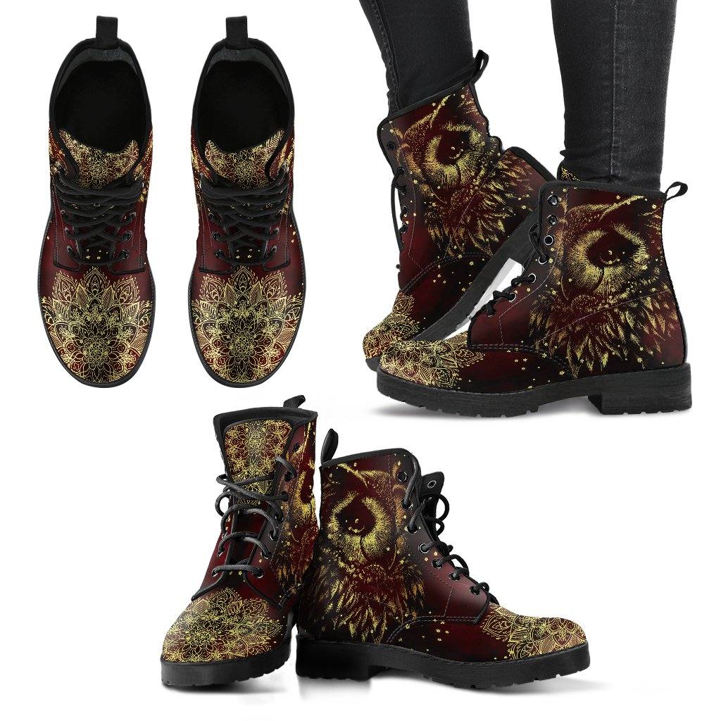 Deep Burgundy Owl  Memory Foam Boots | All Season Lace Up Boots | Vegan Leather Combat Boot