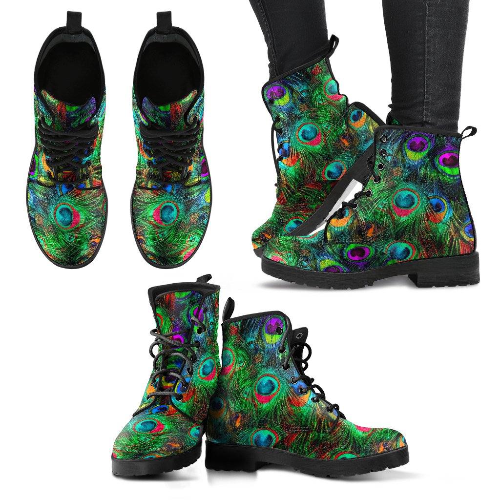 Peacock Feathers  Memory Foam Boots | All Season Lace Up Boots | Vegan Leather Combat Boot
