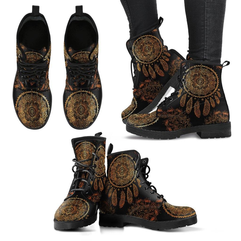 Gold Dreamcatcher  Memory Foam Boots | All Season Lace Up Boots | Vegan Leather Combat Boot