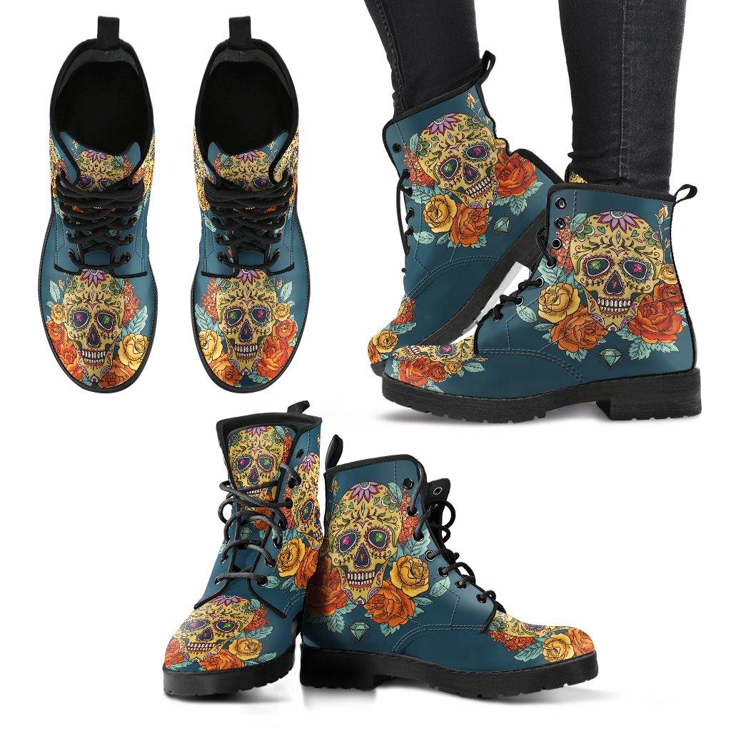 Desert Sunset Sugar Skull  Memory Foam Boots | All Season Lace Up Boots | Vegan Leather Combat Boot