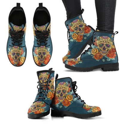Desert Sunset Sugar Skull  Memory Foam Boots | All Season Lace Up Boots | Vegan Leather Combat Boot