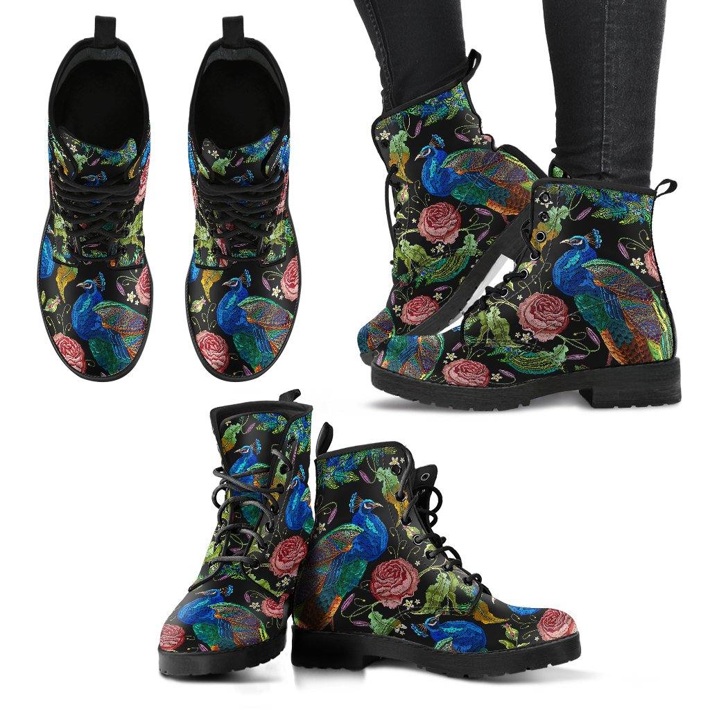 Peacock Feathers  Memory Foam Boots | All Season Lace Up Boots | Vegan Leather Combat Boot