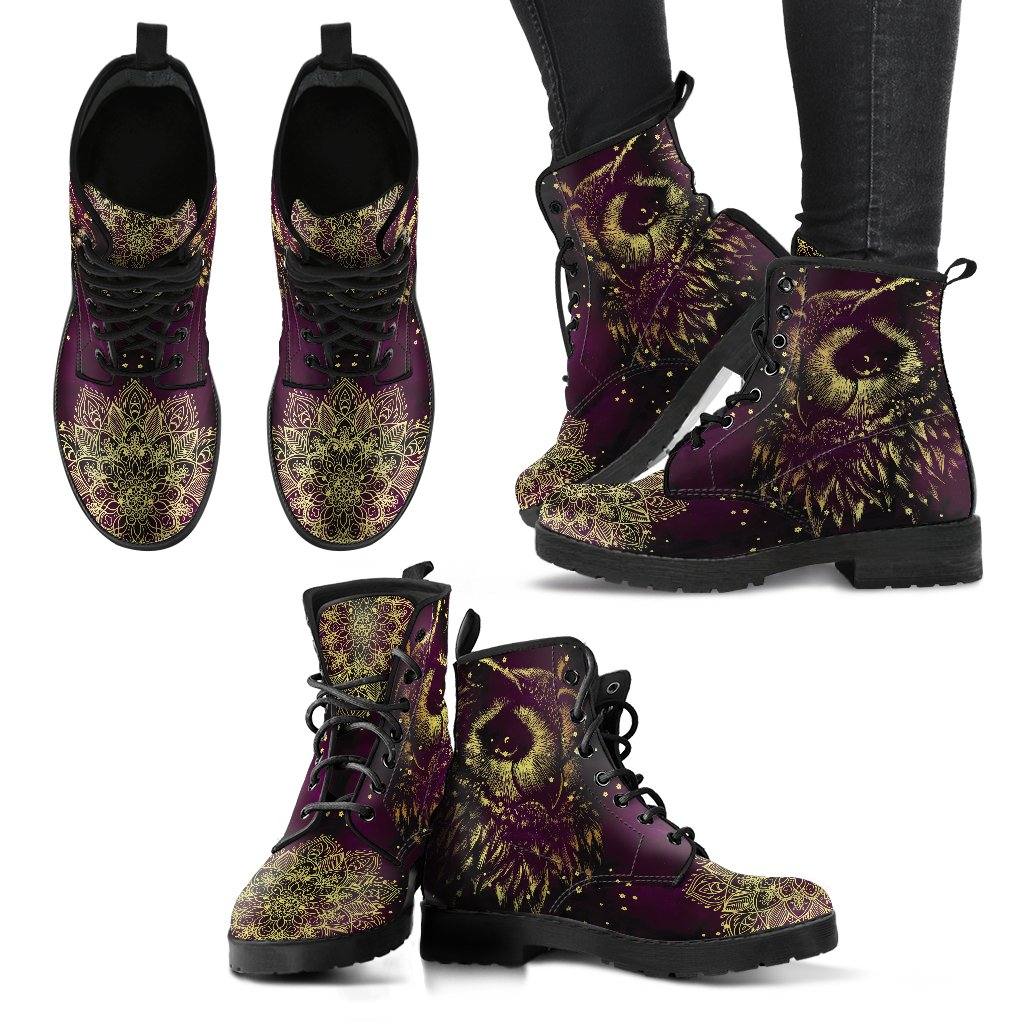 Deep Mood Owl  Memory Foam Boots | All Season Lace Up Boots | Vegan Leather Combat Boot