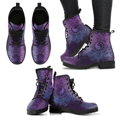 Purple YinYang Mandala  Memory Foam Boots | All Season Lace Up Boots | Vegan Leather Combat Boot