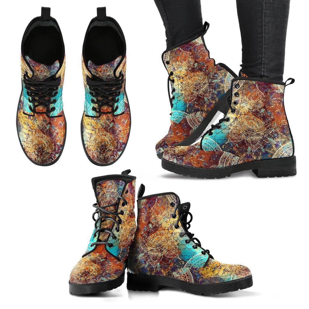 Vintage Mandala  Memory Foam Boots | All Season Lace Up Boots | Vegan Leather Combat Boot