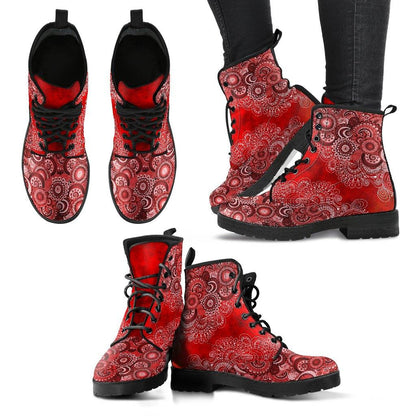 Red Paisley Mandala  Memory Foam Boots | All Season Lace Up Boots | Vegan Leather Combat Boot