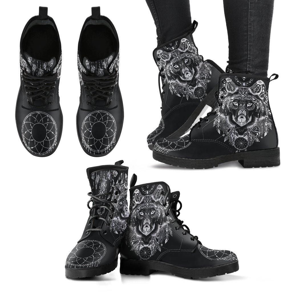 Black Wolf Dreamcatcher  Memory Foam Boots | All Season Lace Up Boots | Vegan Leather Combat Boot