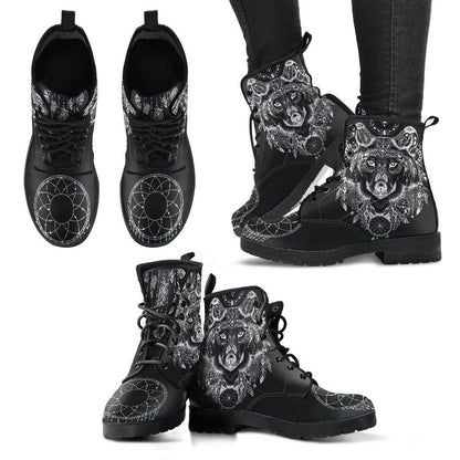Black Wolf Dreamcatcher  Memory Foam Boots | All Season Lace Up Boots | Vegan Leather Combat Boot