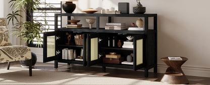 TREXM Bohemian Style Rattan Buffet Storage Cabinet with Solid Wood Frame