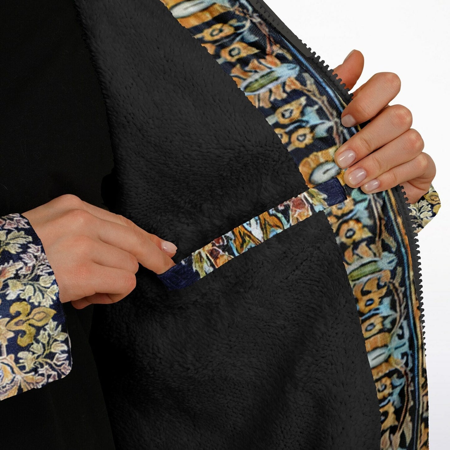 Classic Persian Cuddle Coat | Qom, Blue and Gold | Unisex Minky Sherpa Lined Coat with Hood, Zipper and Pockets | Women and Mens Festival Coat | Mountain Fashion