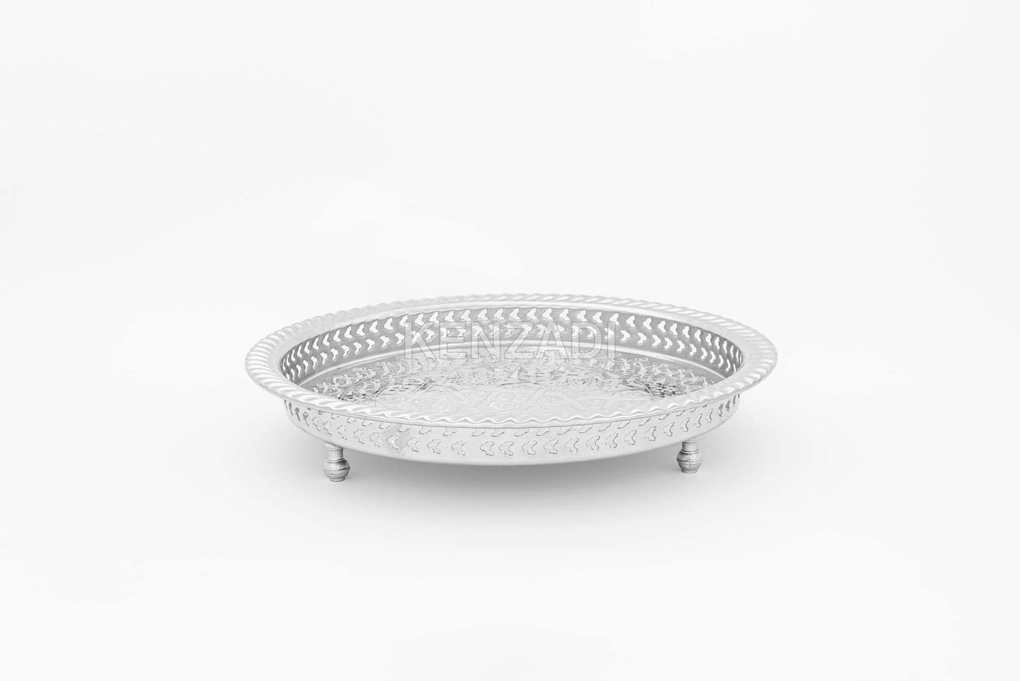 12.2 Inch Moroccan Handmade Serving Tea Tray Silver Plated Brass Handcrafted Plate in Fez Morocco