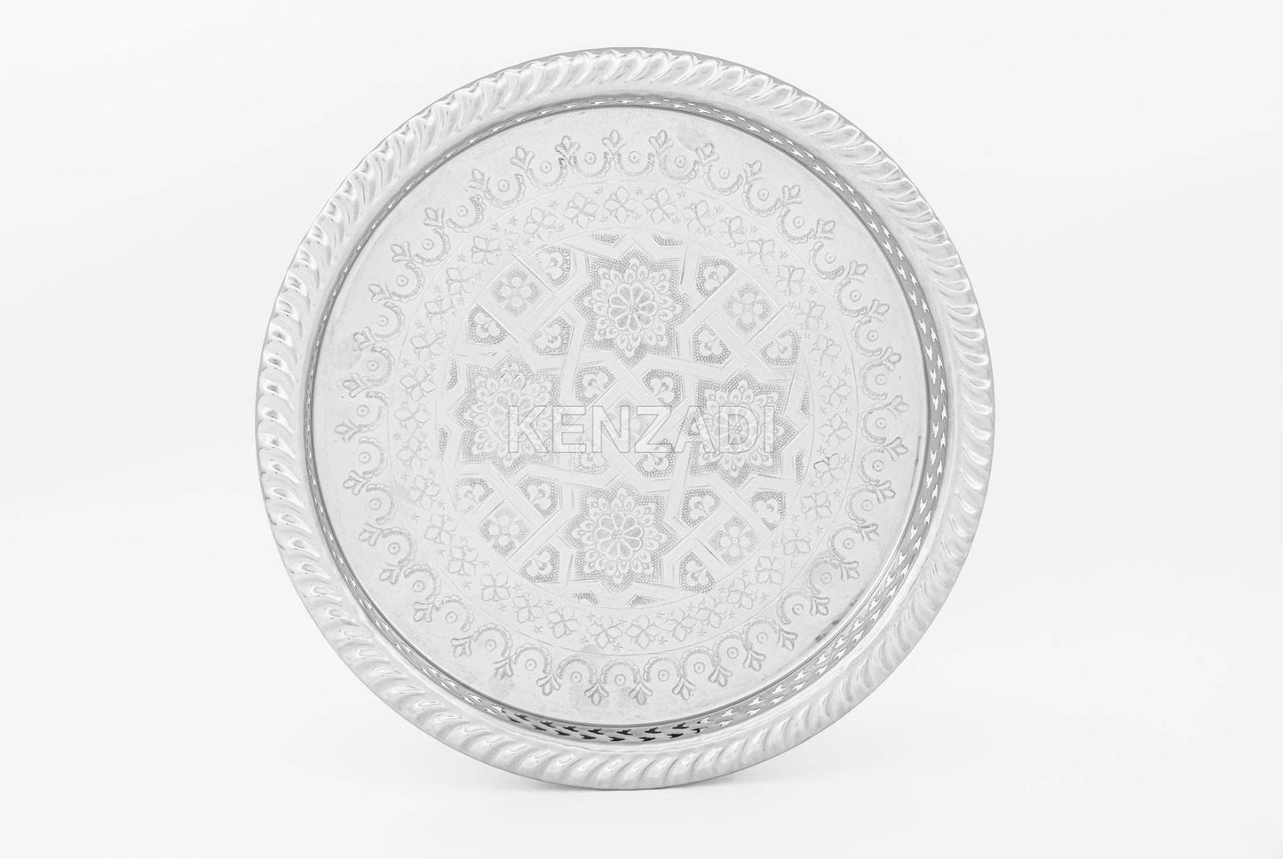 12.2 Inch Moroccan Handmade Serving Tea Tray Silver Plated Brass Handcrafted Plate in Fez Morocco
